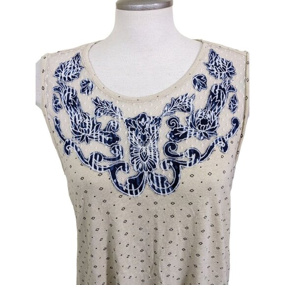 Lucky Brand Tank Top Womens Size XL Linen Blend Beige Blue Applique Diamond Dot - Picture 3 of 8